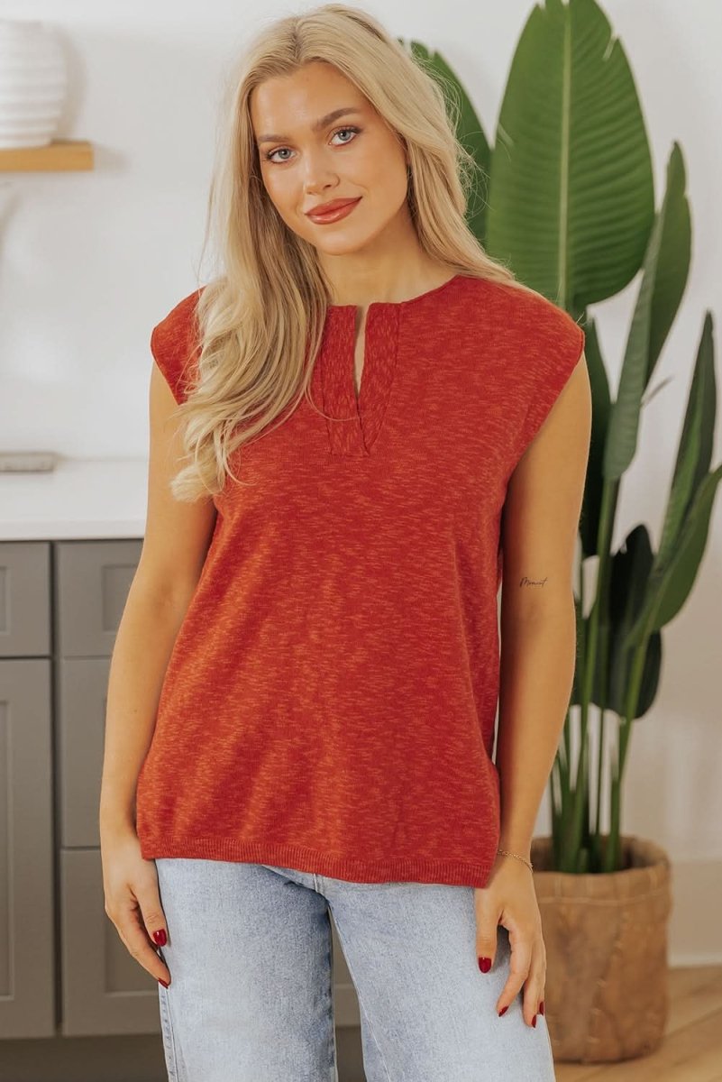 Chic Orange Split V-Neck Short Sleeve Knit Sweater - Love Salve